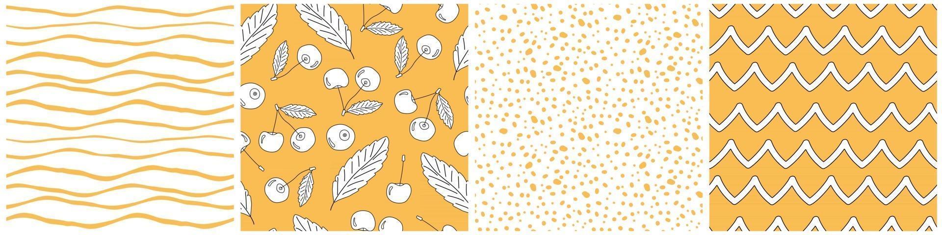 Set of Yellow white bright summer vector outline doodle cartoon seamless patterns of cherries. Isolated graphic hand drawn illustration of berries, leaves, waves, dots