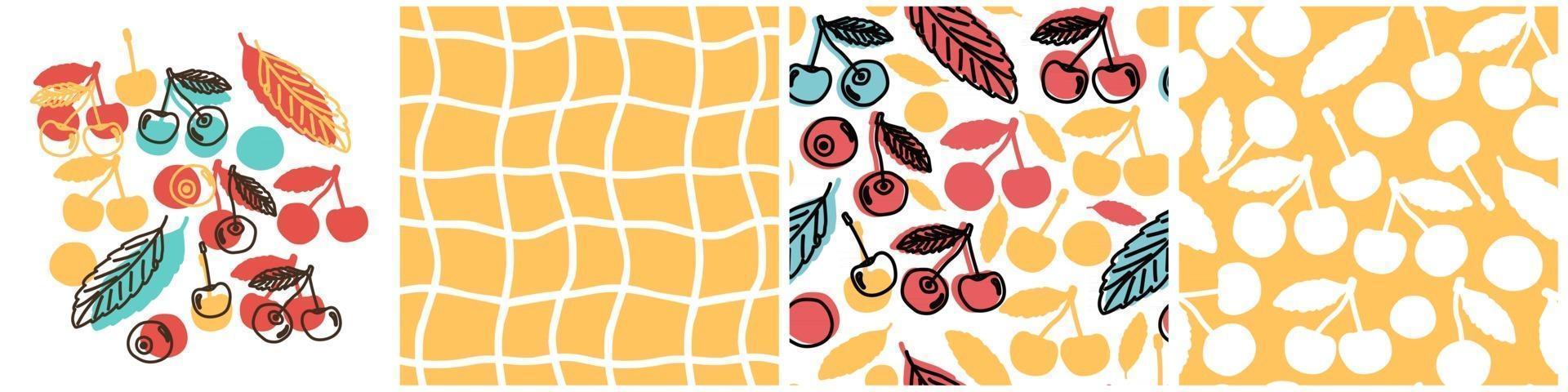 Set of bright summer vector seamless patterns of cherries. Flat and doodle cartoon hand drawn illustration of berries in blue, yellow, pink colors