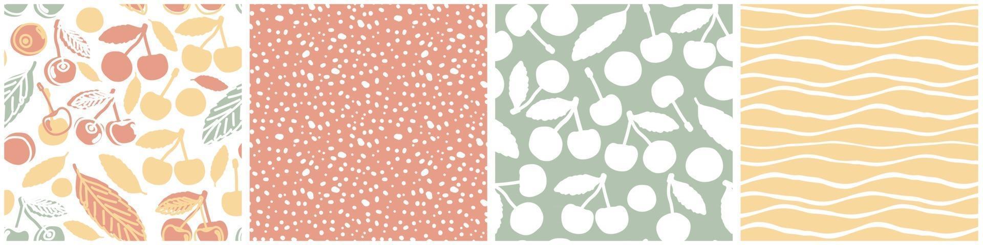 Set of vector summer pastel seamless patterns of cherries, dots, abstract sun waves. Cute doodle cartoon illustrations of hand drawn silhouette berries in red, green, yellow colors