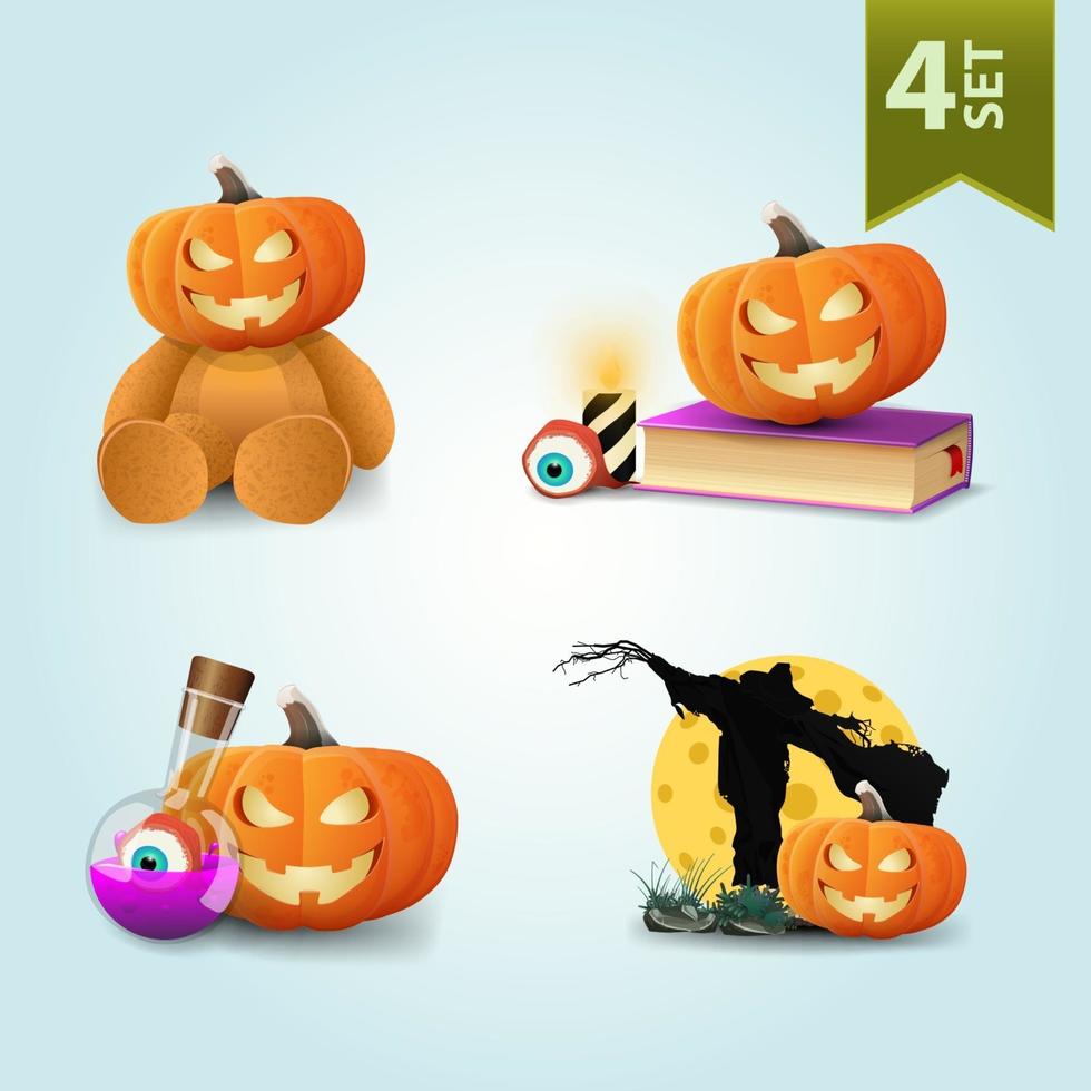 Large set of Halloween icons isolated on white for your arts. Pumpkin Jack, Scarecrow and witch's poison vector
