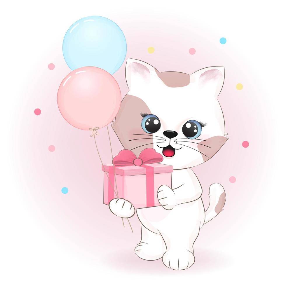 Cute kitten holding gift box and balloons cartoon hand drawn illustration vector