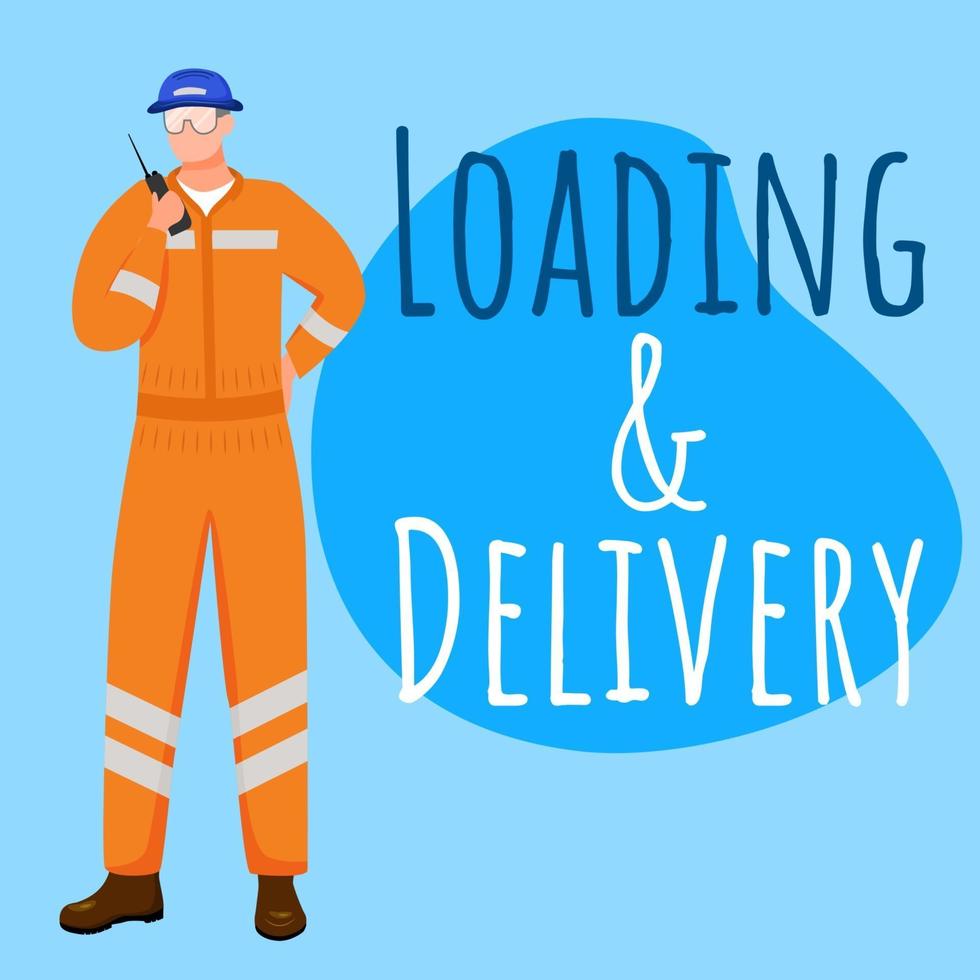 Loading and delivery social media post mockup. Sea port worker. Advertising web banner design template. Social media booster, content layout. Promotion poster, print ads with flat illustrations vector