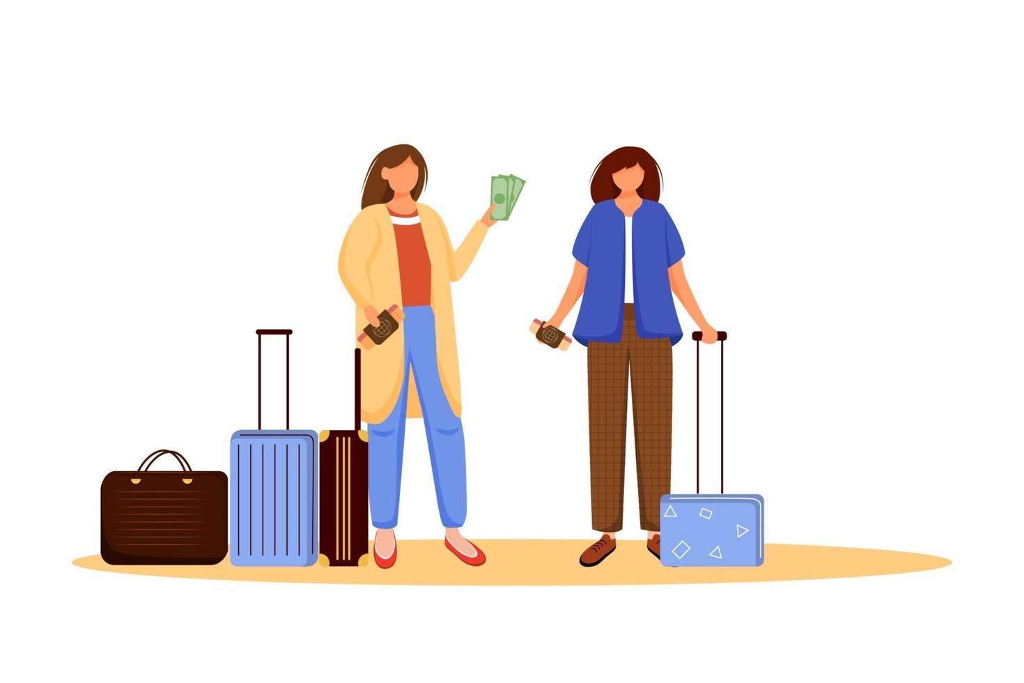 Girls pack luggage flat vector illustration. Getting ready for trip, voyage. Friends with suitcases. Going on vacation. Voyage preparation isolated cartoon character on white background