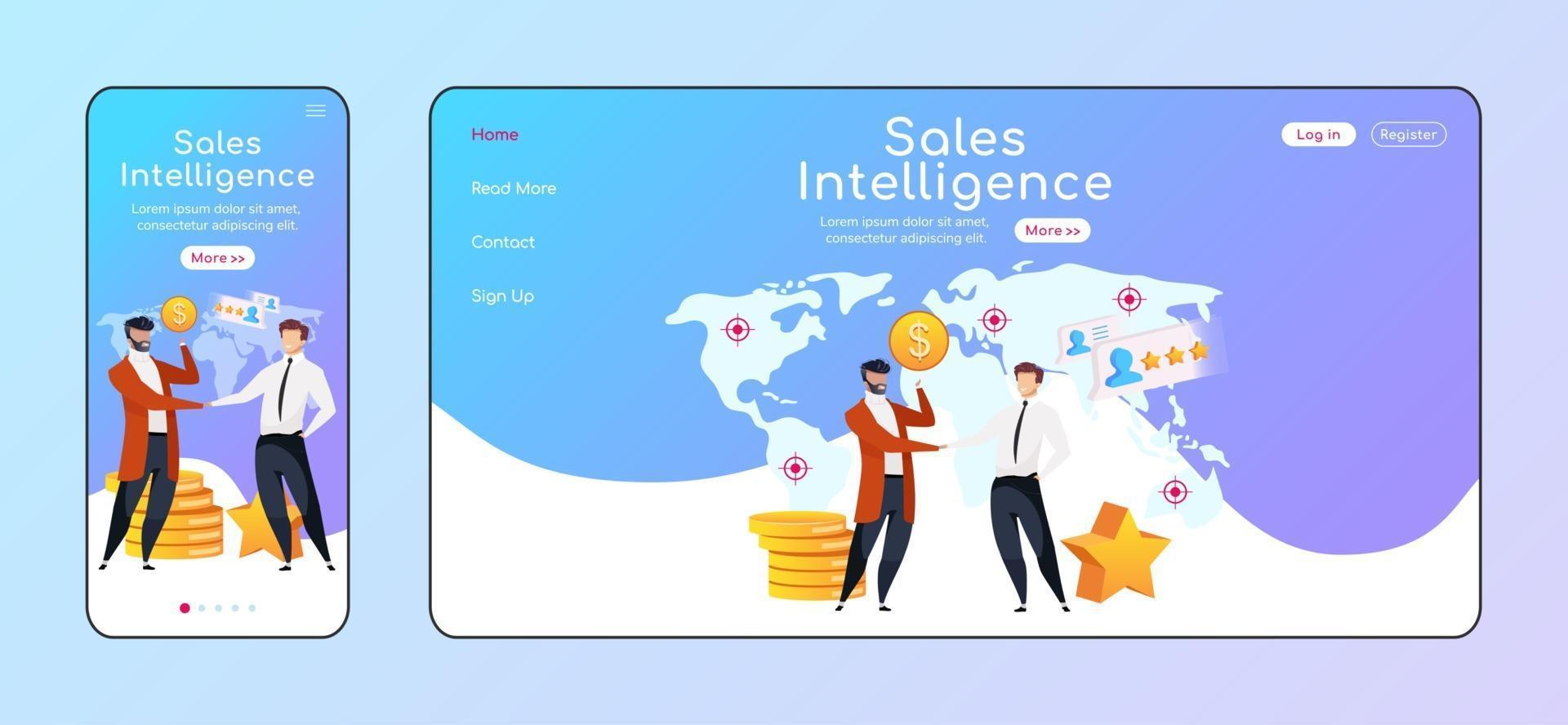 Sales intelligence adaptive landing page flat color vector template. Businessmen shake hands mobile and PC homepage layout. Profit grows one page website UI. Partnership webpage cross platform design