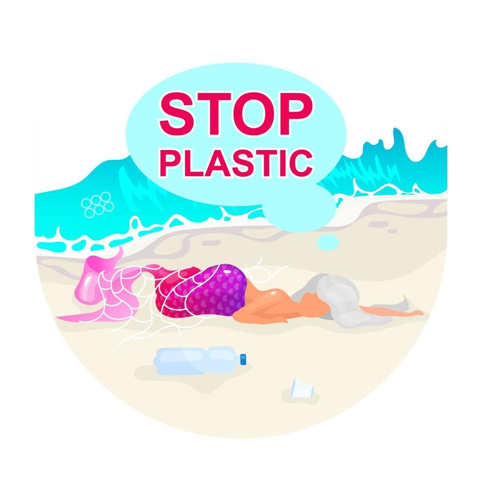 Stop plastic pollution in ocean flat concept icon. Mermaid trapped in fishnet. Dead fantasy creature on beach sticker, clipart. Nature damage. Isolated cartoon illustration on white background vector