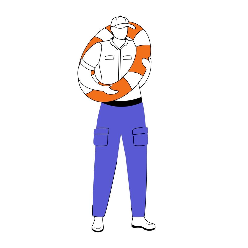 Boatswain flat vector illustration. Coast guard. Maritime occupation. Seafarer in work uniform. Sailor with lifebuoy isolated cartoon character with outline elements on white background