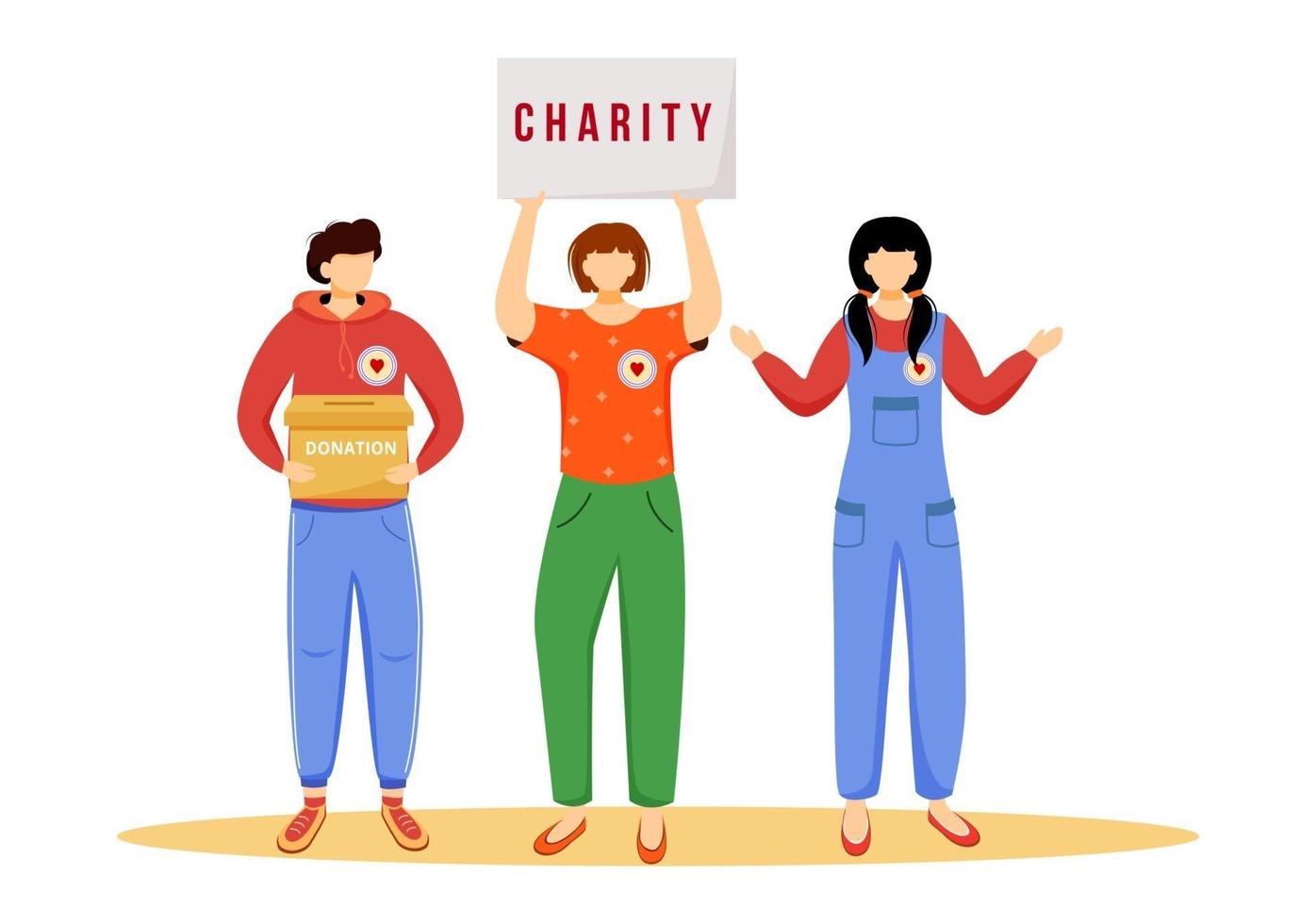 Volunteers collecting donations flat vector illustration. Slefless social activists isolated cartoon characters on white background. Public fundraising campaign. Charity, philanthropy concept