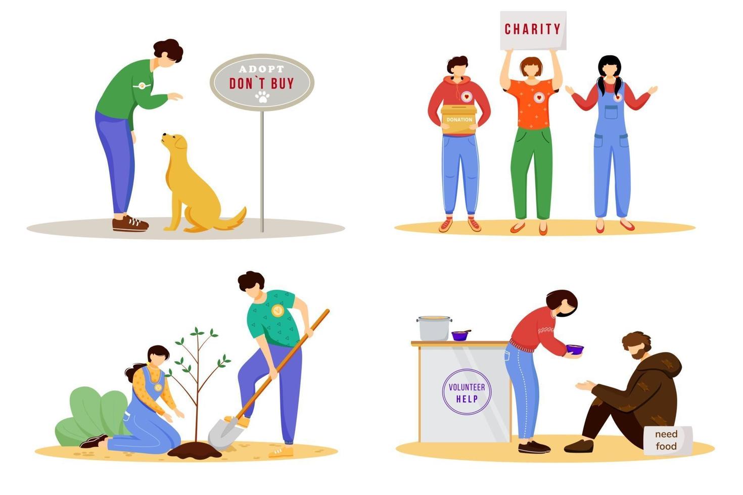 Voluntary activities flat vector illustrations set. Young volunteers, social activists isolated cartoon characters. Animal adoption, charity donation, environment protection and feeding homeless