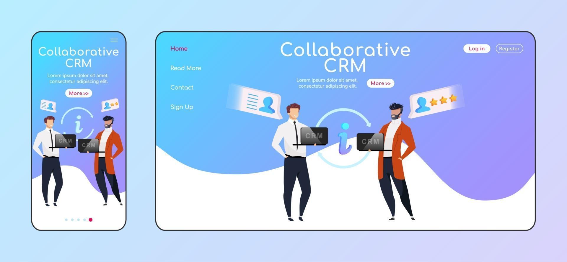 Collaborative CRM adaptive landing page flat color vector template. Smiling businessmen mobile, PC homepage layout. Client data sharing one page website UI. Cooperation webpage cross platform design