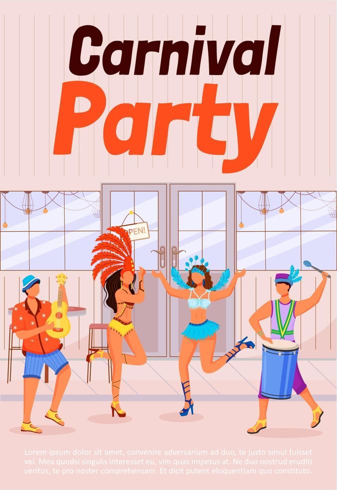 Carnival party poster flat vector template. Women in festive clothing. Men playing ukulele and conga. Brochure, booklet one page concept design with cartoon characters. Ethnic holiday flyer, leaflet