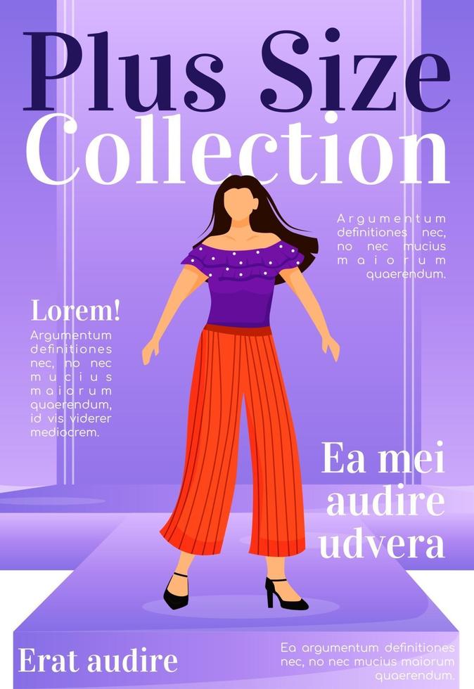 Plus size collection magazine cover template. Runway outfits. Fashion news. Journal mockup design. Vector page layout with flat character. Style guide advertising cartoon illustration with text space