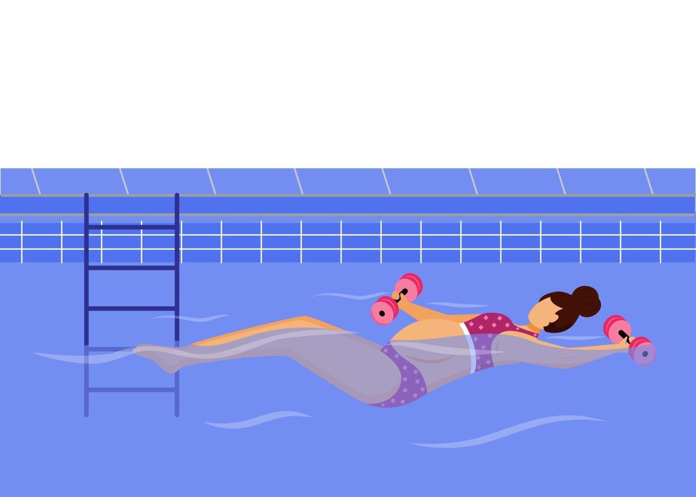 Pregnant woman swimming in pool flat vector illustration. Healthy lifestyle. Young mother in bikini exercising in water with weights cartoon character on white background