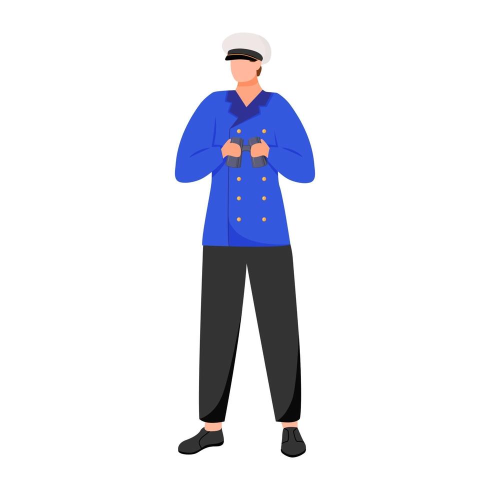 Navigator flat vector illustration. Seafarer on research or passenger fleet. Captain in work uniform. Sailor with binoculars isolated cartoon character on white background