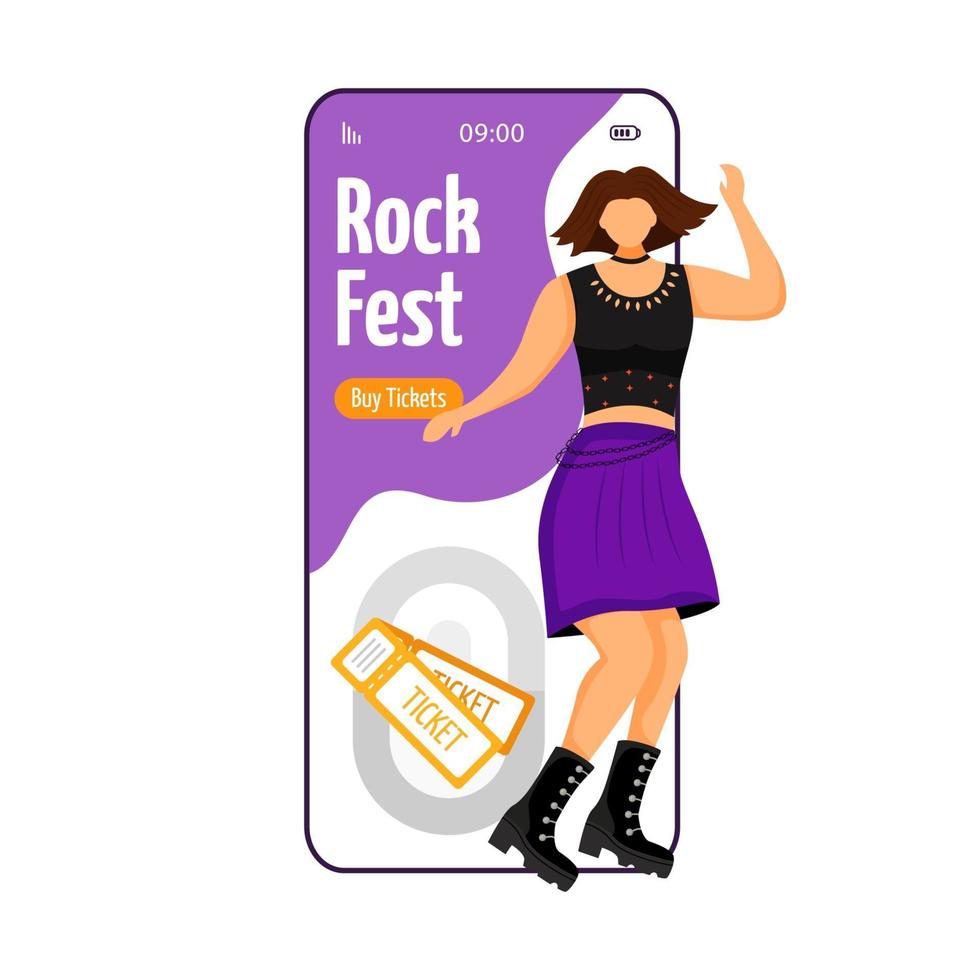 pantalla de aplicación de vector de smartphone de dibujos animados de rock fest. Entradas. bailarina punk. fangirl en concierto, concierto. Pantalla de teléfono móvil con maqueta de diseño de personajes planos. aplicación teléfono linda interfaz