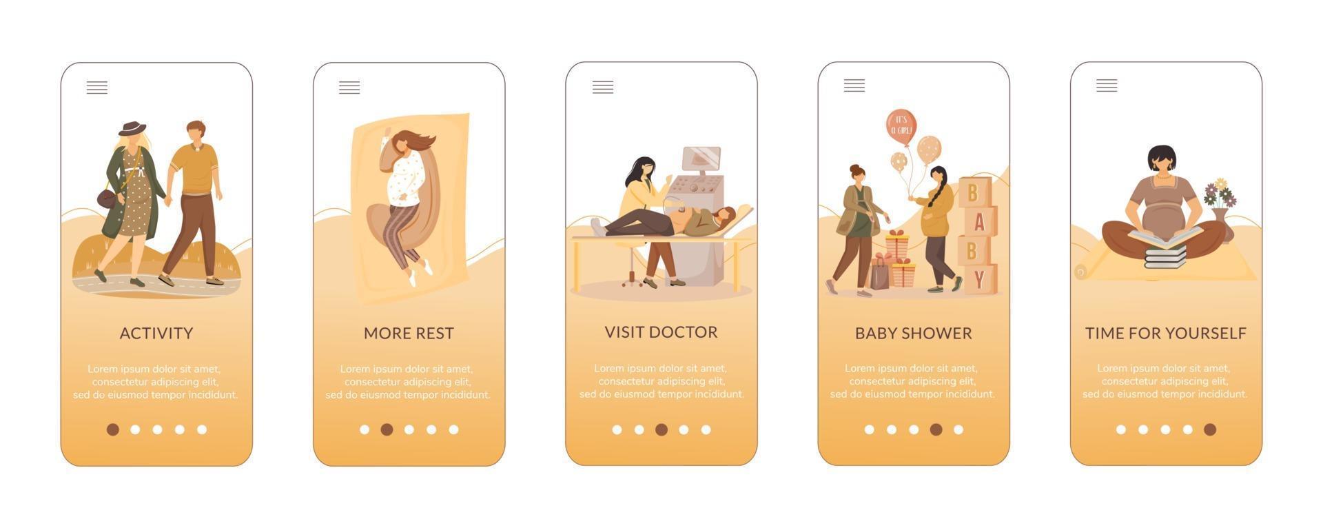 consejos para un embarazo feliz incorporación de plantilla de vector de pantalla de aplicación móvil. cuidado de la mujer embarazada. paso a paso del sitio web con caracteres planos. concepto de interfaz de dibujos animados de smartphone ux, ui, gui