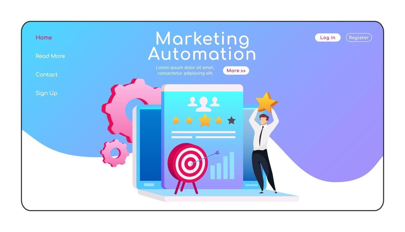 Marketing automation landing page flat color vector template. Man keeps star homepage layout. Arrow in target one page website interface with cartoon character. CRM system web banner, webpage