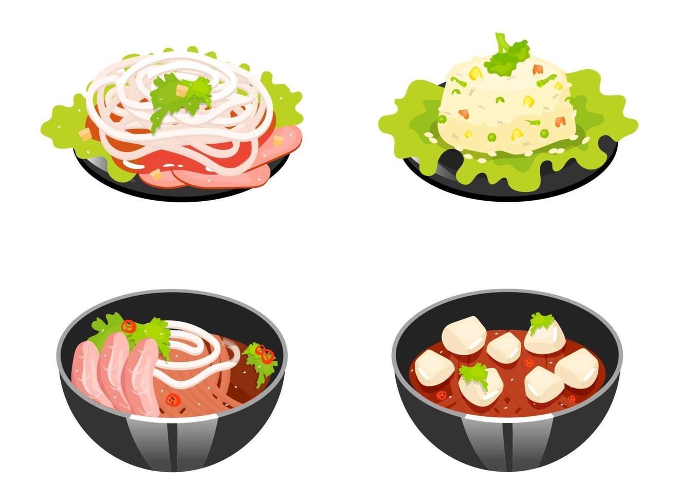 Chinese dishes color icons set. Tomato and woton noodles soup. Rice with vegetables. Eastern traditional cuisine. Meat chops with sauce and onion slices. Isolated vector illustrations