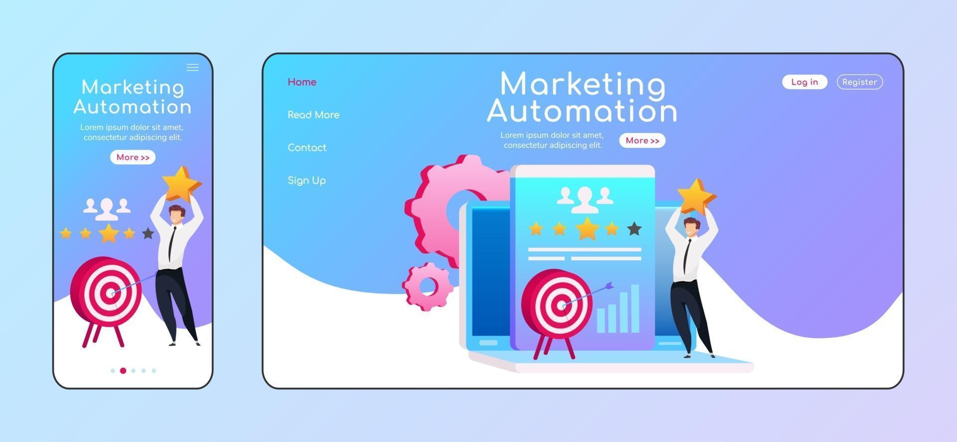 Marketing automation adaptive landing page flat color vector template. Smiling male with star mobile, PC homepage layout. Arrow in target page website UI. Client service webpage cross platform design