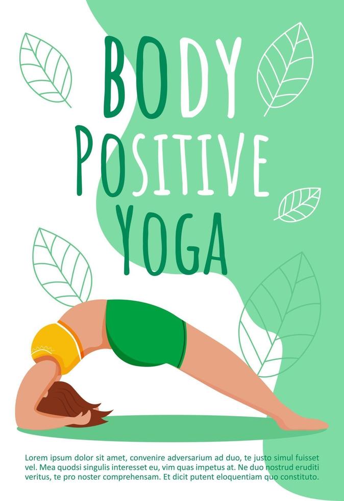 plantilla de folleto de yoga bodypositive. ejercicios deportivos. folleto, folleto, concepto de folleto de estilo de vida activo y saludable con ilustraciones planas. diseño de dibujos animados de página vectorial para revista con espacio de texto vector