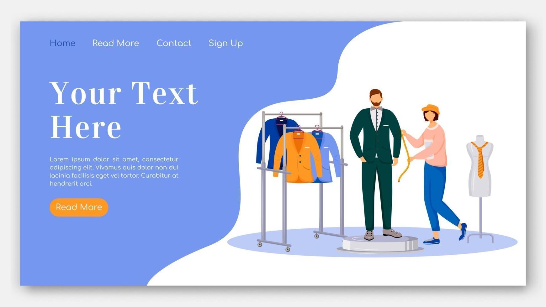 Fashion designer landing page flat color vector template. Taking measurements of man model homepage layout. Design clothes one page website interface with cartoon illustration. Atelier banner, webpage
