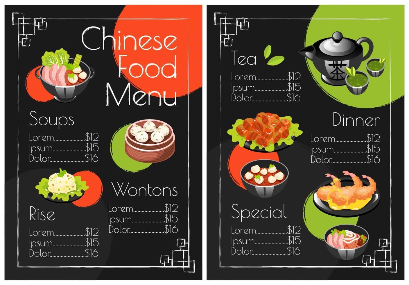 Chinese food menu template. Print design with cartoon icons. Wontons, soups and rice for dinner. Concept vector illustrations. Restaurant, cafe banner, flyer brochure page with food prices layout