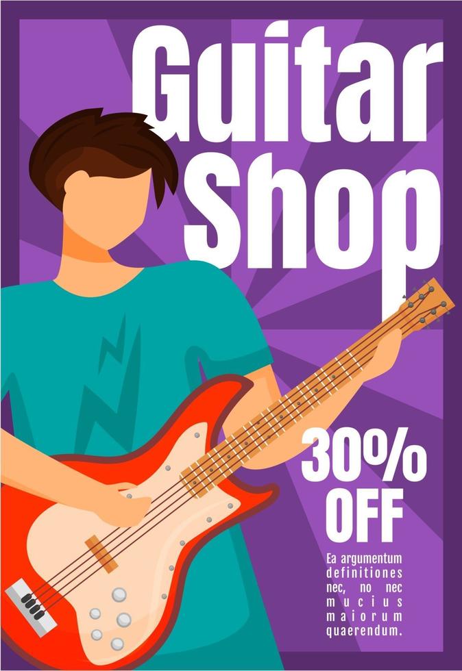 Guitar shop brochure template. Musical instrument store. Flyer, booklet, leaflet concept with flat illustration. Vector page cartoon layout for magazine. Advertising invitation with text space