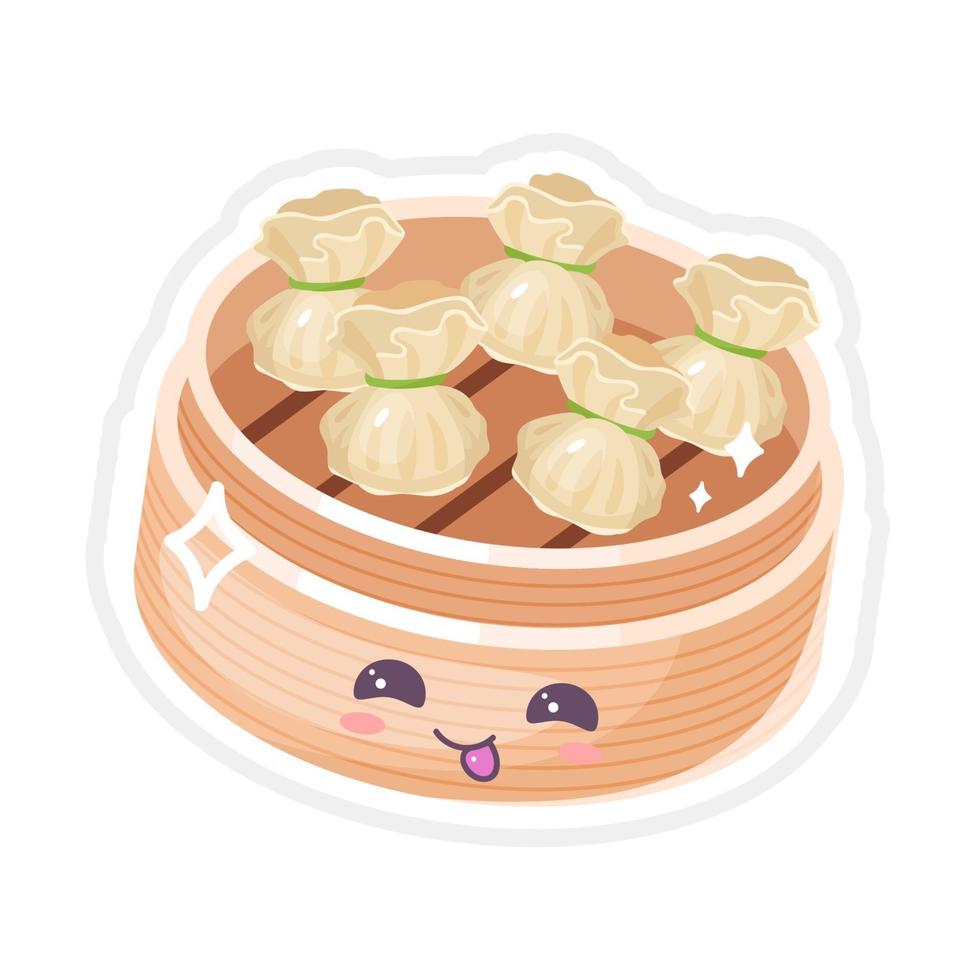 Conjunto de caracteres vectoriales kawaii lindo dim sum chino. plato asiático con cara sonriente. cocina tradicional oriental. tipo de albóndigas. emoji divertido, emoticon. ilustración de color de dibujos animados aislado vector