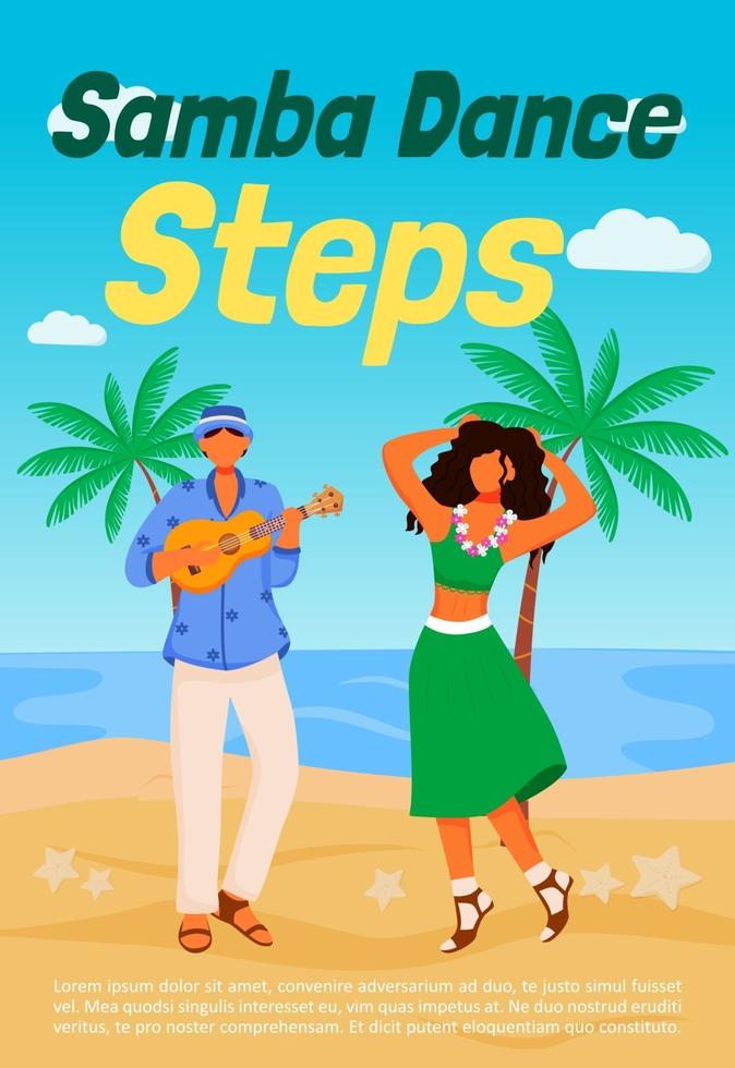 Samba dance steps poster flat vector template. Traditional dancing. Sea shore. Brochure, booklet one page concept design with cartoon characters. Latino musician and dancing woman flyer, leaflet