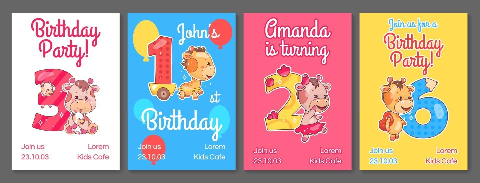 Kids Birthday party invitation card vector templates set. Child anniversary poster design with cartoon giraffe. Colorful baby event banner print layout. Cute bday celebration flyer with kawaii animals