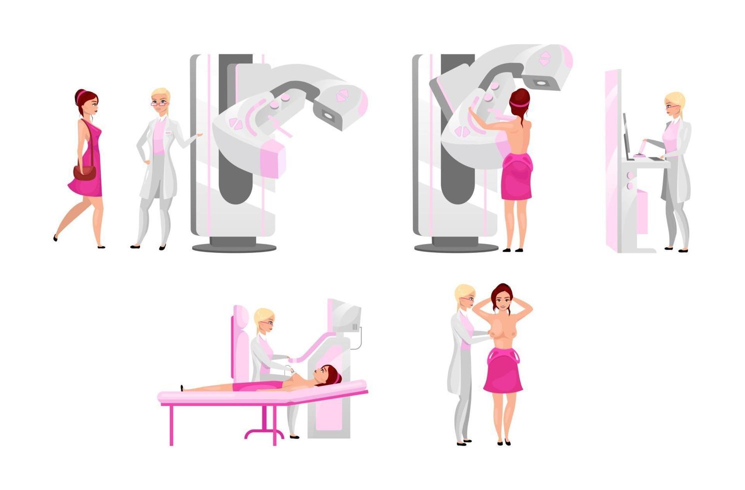 Breast medical examination flat illustrations set. Mammography, diagnostic medical sonography and palpation. Breast cancer prevention exam concept. Mammalogist and female patient cartoon character vector
