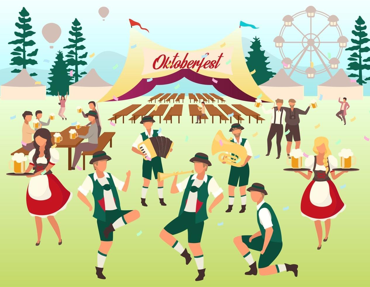 Oktoberfest flat vector illustration. Beer tent. Folk music and dances. Beer Festival. Visitors with cups of alcohol dancing, have fun. Waiters in national costumes. Volksfest cartoon characters