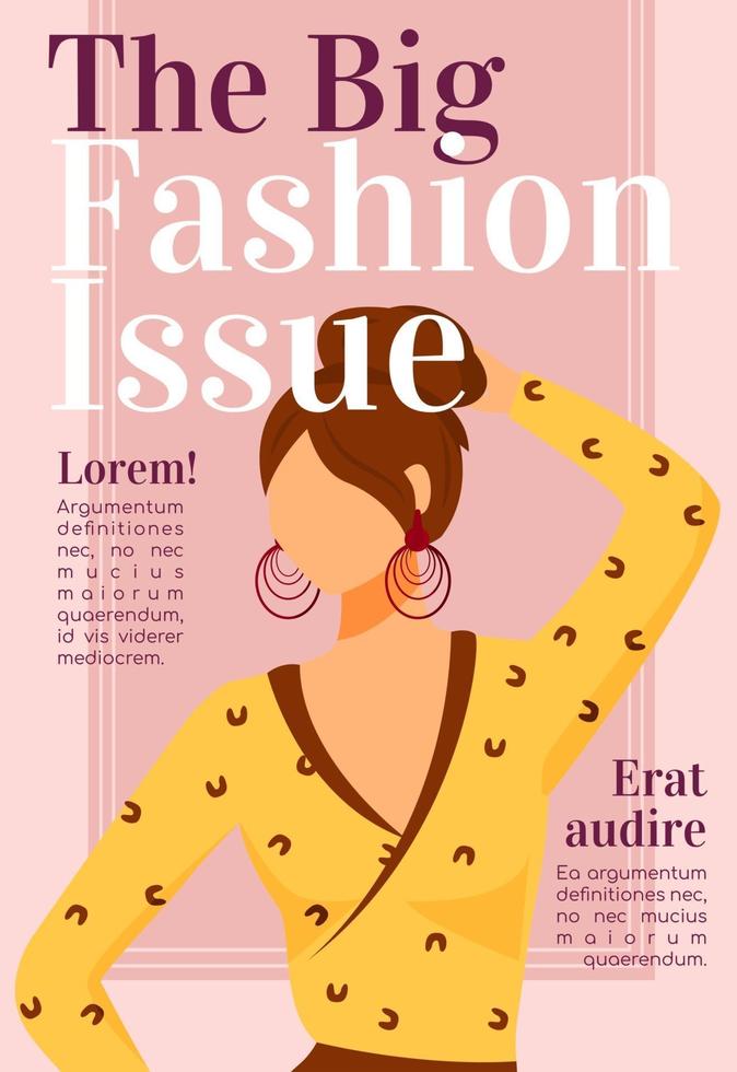Fashion news magazine cover template. Design issues. Runway models outfits. Journal mockup design. Vector page layout with flat character. Style guide advertising cartoon illustration with text space
