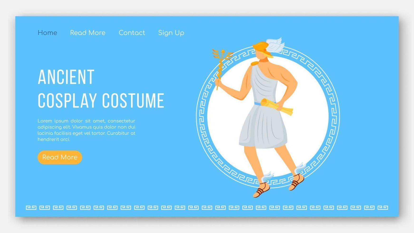 Ancient cosplay costume landing page vector template. Greek gods party fest. Mythology website interface idea with flat illustrations. Homepage layout, web banner, webpage cartoon concept