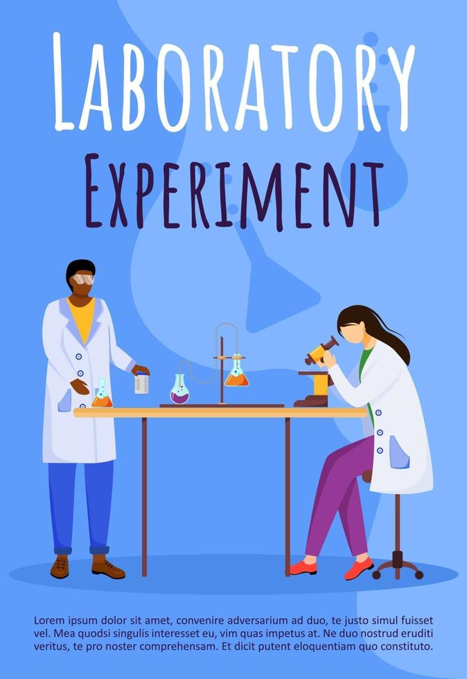 Plantilla de vector de cartel de experimento de laboratorio. realización de prueba. mujeres en batas de laboratorio. folleto, portada, diseño de concepto de página de folleto con ilustraciones planas. folleto publicitario, folleto, idea de diseño de banner.