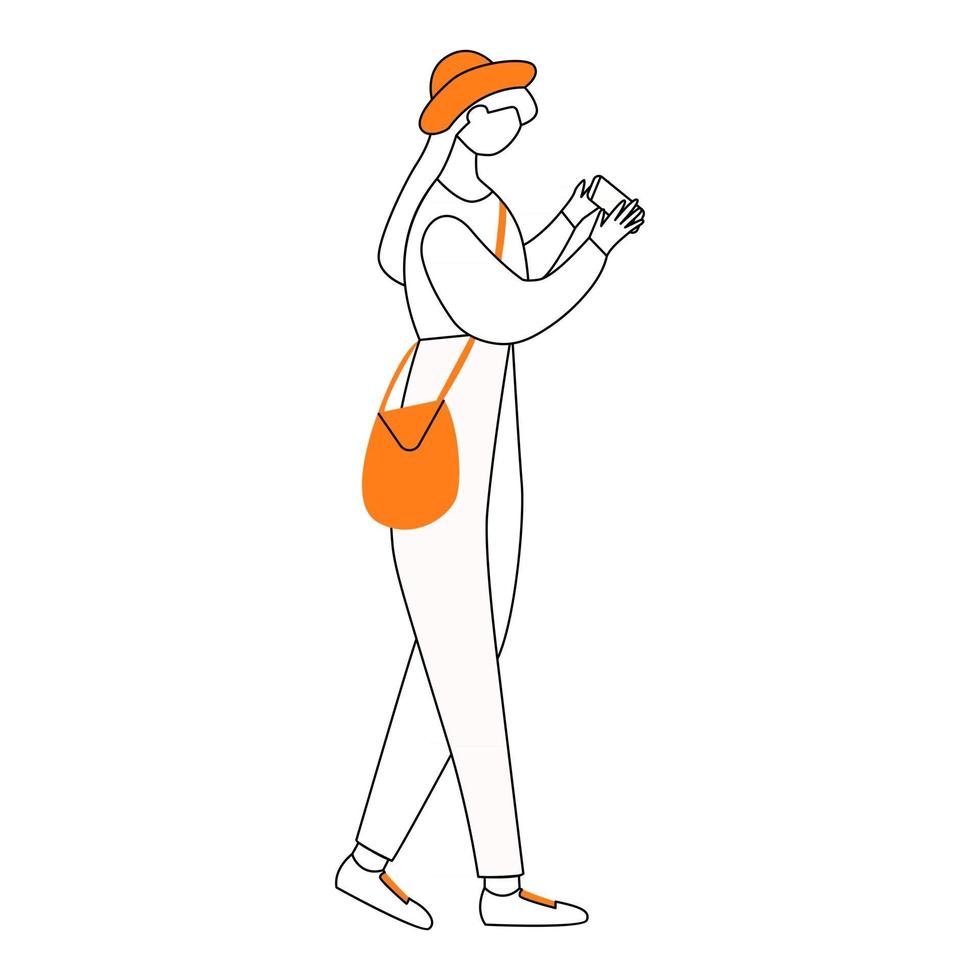 Walking teen girl with smartphone flat contour vector illustration. Young woman using phone screen isolated cartoon outline character on white background. Teenager with gadget simple drawing