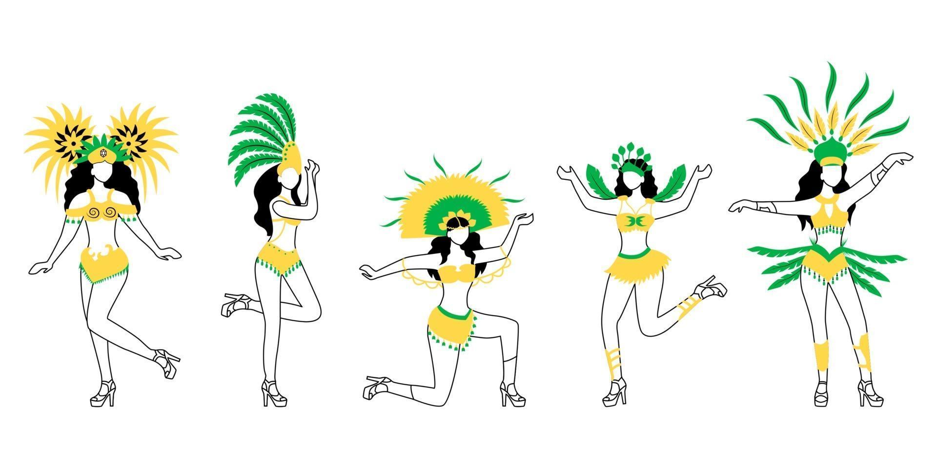 Brazil carnival dancers flat silhouette vector illustrations set. Ladies in carnival wear 2D isolated outline character on white background. Masquerade. Women in bikini. Female performers drawing