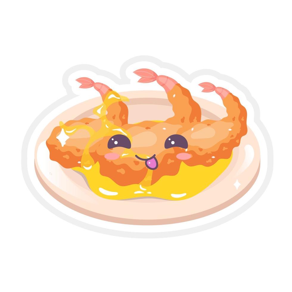 Chinese king prawns cute kawaii vector character. Asian seafood with smiling face. Eastern traditional cuisine. Chinese fried spicy dish. Funny emoji, emoticon. Isolated cartoon color illustration