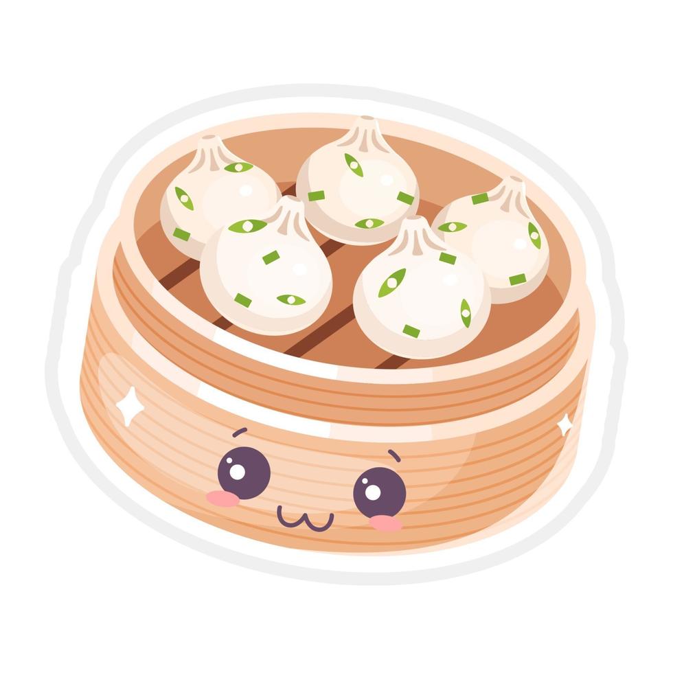 Chinese dim sum cute kawaii vector characters set. Asian dish with smiling face. Eastern traditional cuisine. Dumpling with spices. Funny emoji, emoticon. Isolated cartoon color illustration