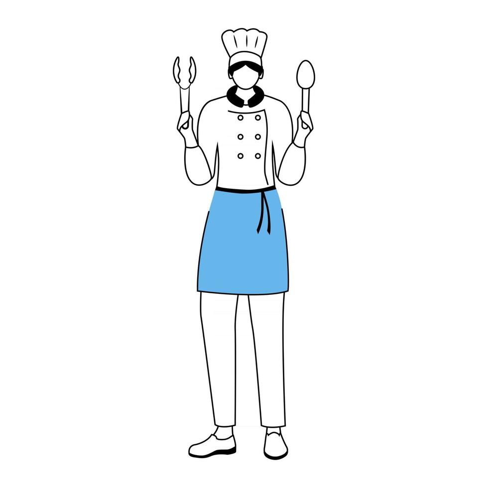 Hotel chef flat vector illustration. Restaurant worker in uniform holding cooking utensils. Catering service, culinary. Kitchen staff in apron cartoon character with outline on white