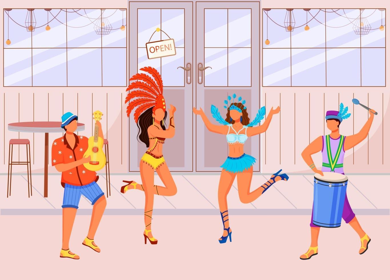 Ilustración de vector de color plano de carnaval brasileño. mujeres bailando con ropa festiva. fiesta étnica. Hombres de pie tocando el ukelele y la conga personajes de dibujos animados en 2D con café en el fondo
