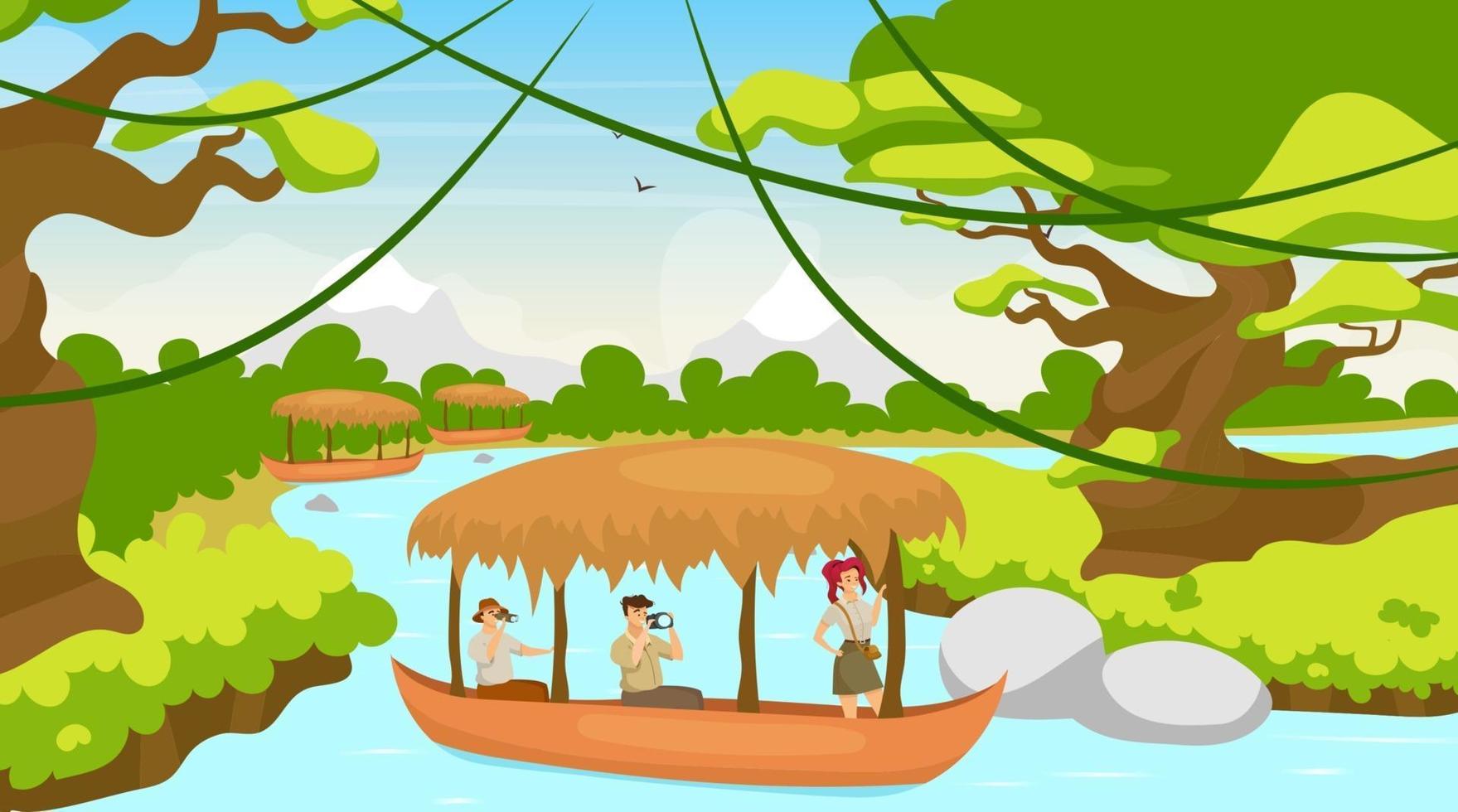 Tourist in boat flat vector illustration. Group on journey in ship. Sailing on river stream. Rainforest landscape. Mediterranean forest with watercourse. Female and male cartoon characters