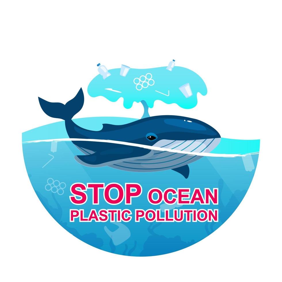 Detener la contaminación plástica en el océano icono de concepto plano. ballena y basura en agua de mar. animal marino atrapado en una etiqueta de basura de plástico, clipart. ilustración de dibujos animados aislado sobre fondo blanco vector