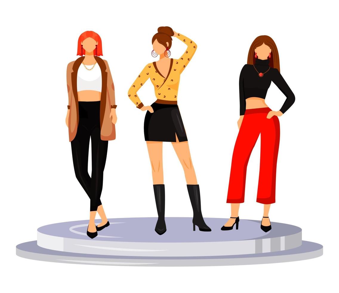 Fashion runway girls flat color vector illustration. Models demonstrate new trends, clothes and accessories. New collection catwalk females isolated cartoon character on white background