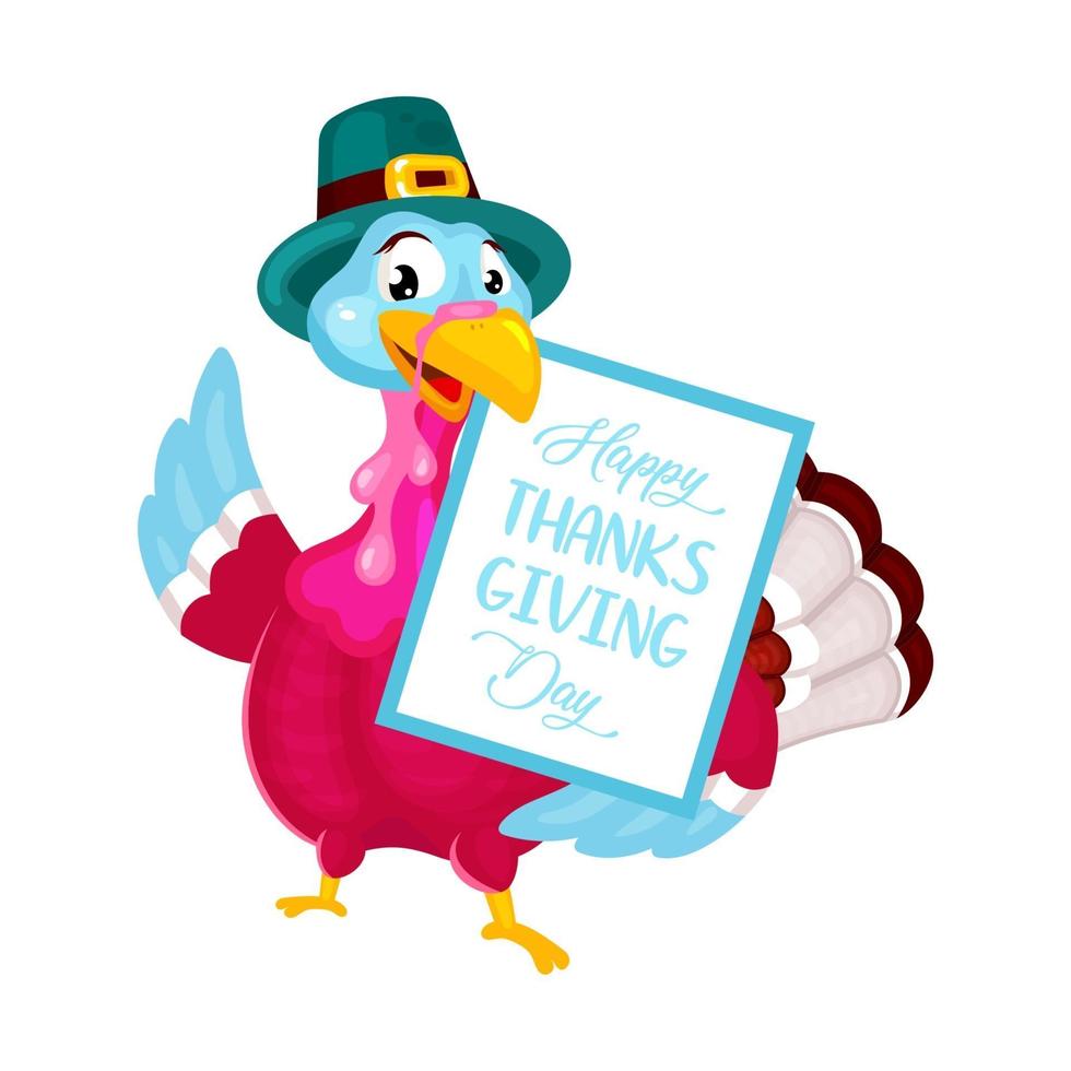 Happy Thanksgiving day flat vector illustration. Turkey with traditional hat. Fall annual holiday celebration. Pilgrims turkey with banner isolated cartoon character on white background