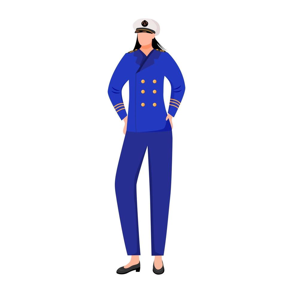 Sailor flat vector illustration. Seawoman in captain uniform. Navigator on passenger fleet. Marine occupation. Seafarer isolated cartoon character on white background