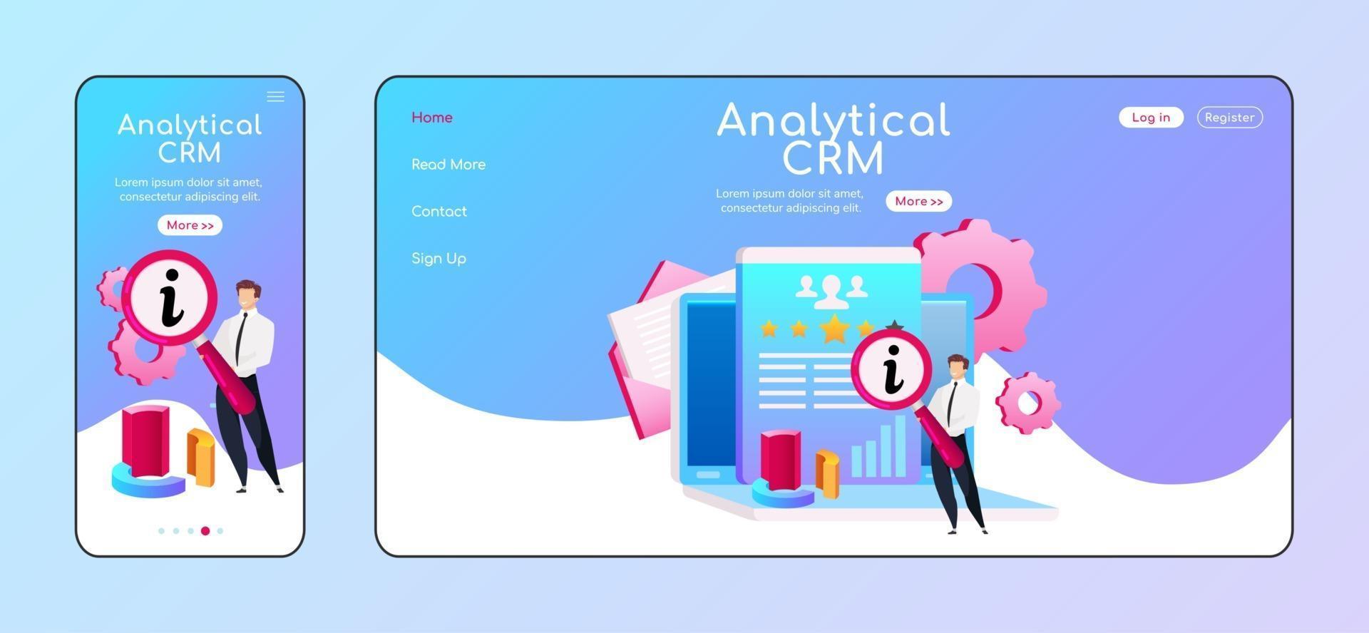 plantilla de vector de color plano de página de destino adaptable de crm analítico. macho con lupa móvil, diseño de página de inicio de pc. página de procesamiento de información ui del sitio web. computadora portátil, diagrama de diseño multiplataforma de página web