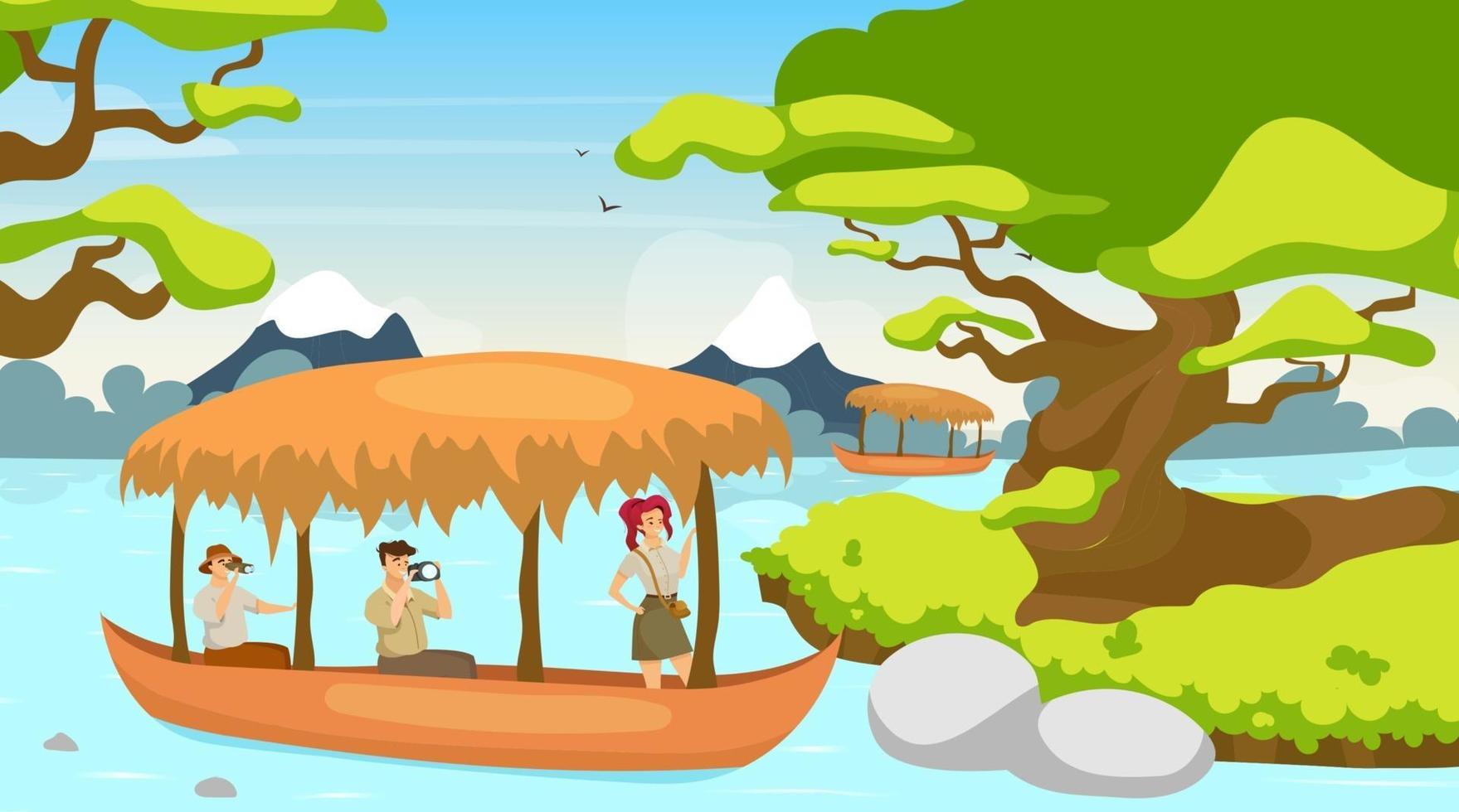 turista en la ilustración de vector plano de barco. grupo de viaje en barco. navegando en la corriente del río. paisaje de la selva tropical. bosque místico con curso de agua. personajes de dibujos animados femeninos y masculinos