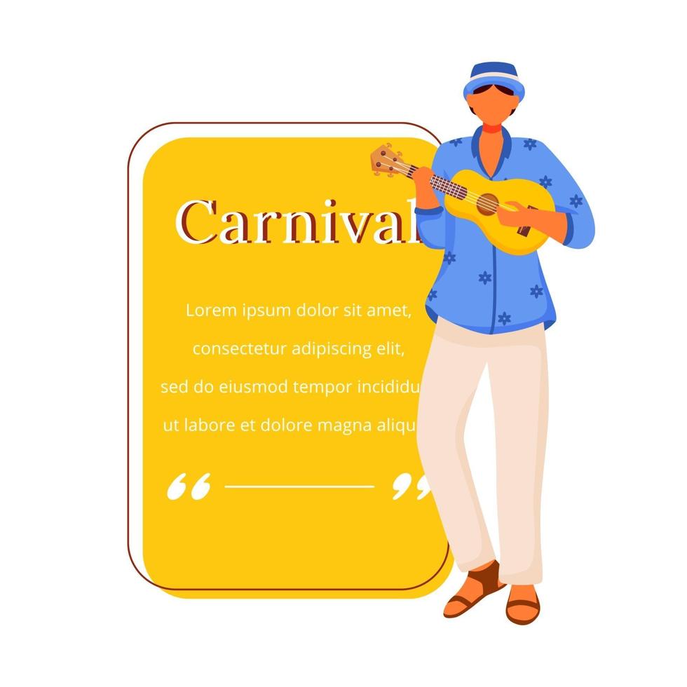 Carnival flat color vector character quote. Traditional musician. Standing male playing on ukulele. Ethnic festival. Citation blank frame template. Speech bubble. Quotation empty text box design