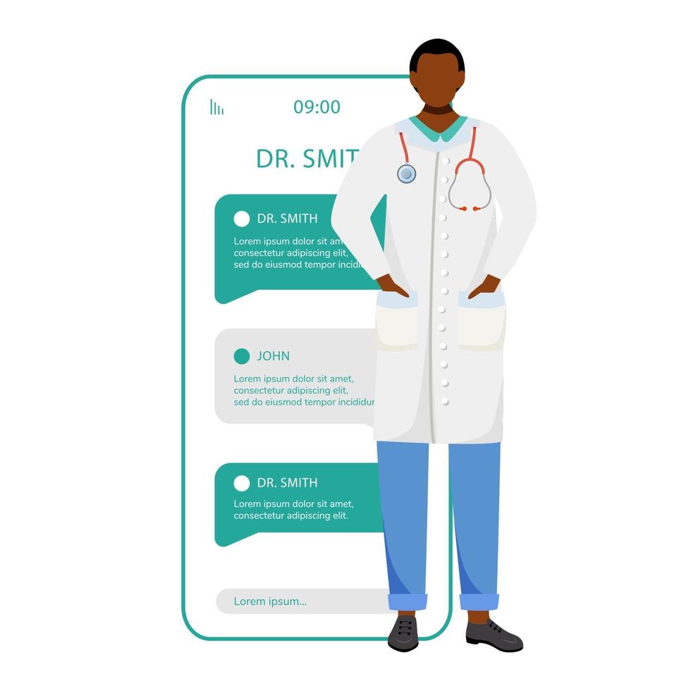 Remote doctor consultation smartphone vector app screen. Online chat with physician. Mobile phone displays with cartoon characters design mockup. Telemedicine application telephone interface