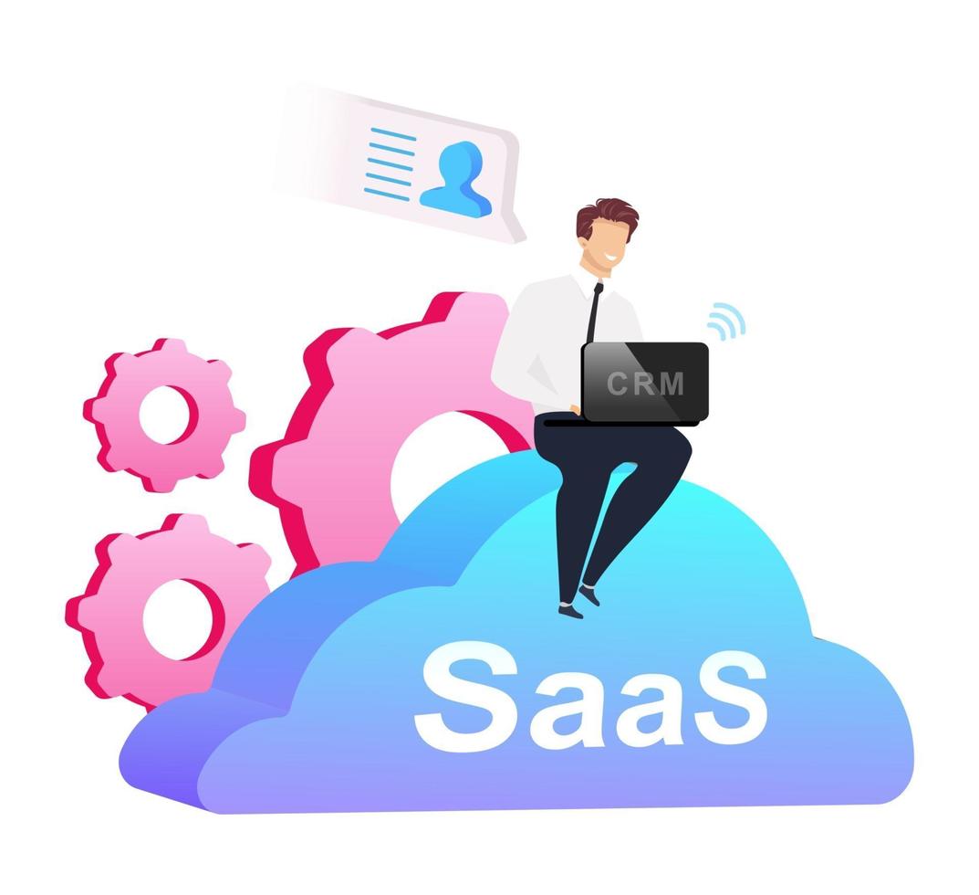 Cloud based CRM flat concept vector illustration. Man with laptop sitting on cumulus 2D cartoon characters for web design. Businessman in shirt, pants and necktie. SaaS creative idea